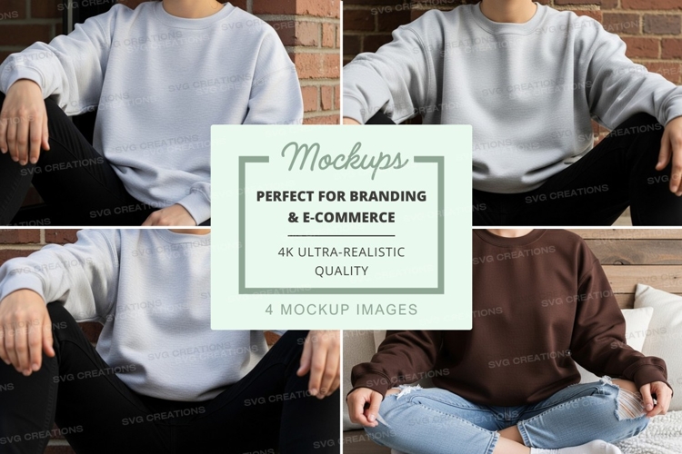 Sweatshirt mockup - crew neck, light gray and brown, four vi