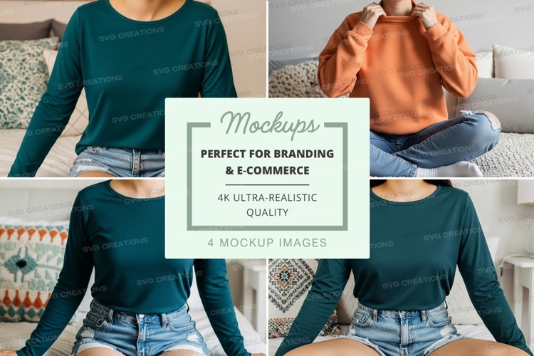 Long sleeve t-shirt mockup in teal and orange example image 1