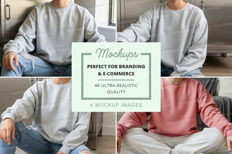 Group of people wearing oversized crew neck sweatshirts mock example image 1