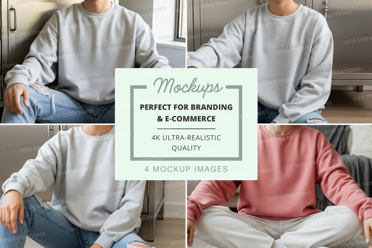 Group of people wearing oversized crew neck sweatshirts mock