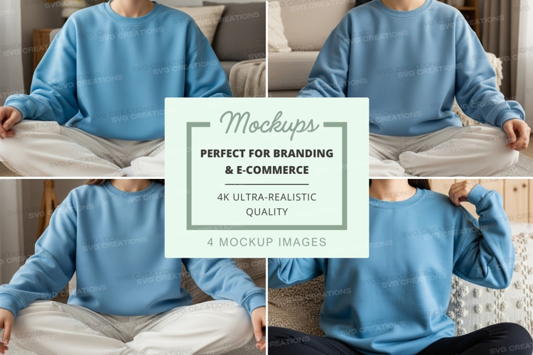 Group of four people wearing light blue sweatshirts and whit