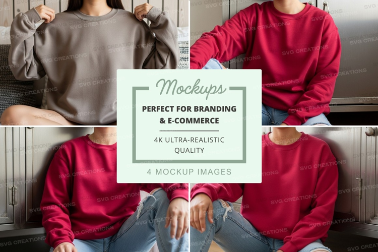 Group mockup of long sleeve t-shirts in gray and red