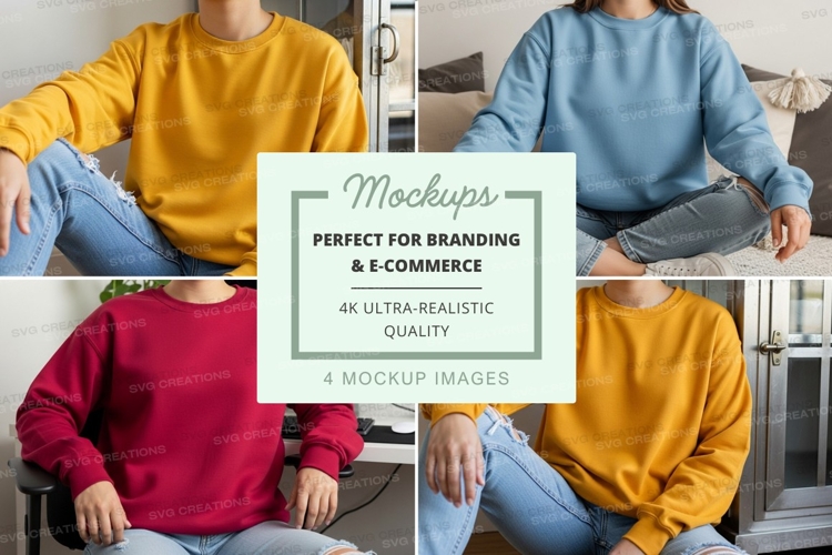 Four people wearing oversized crew neck sweatshirts mockup
