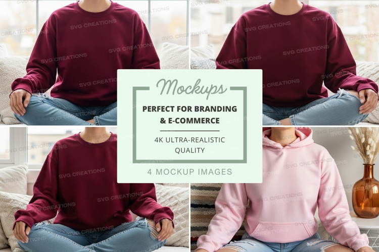 Hoodie mockup with models sitting on a couch