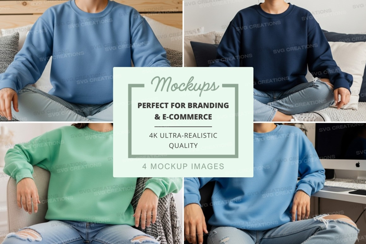 Group of people wearing long sleeve crew neck t-shirts mocku