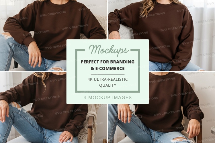 Oversized brown sweatshirt mockup on woman sitting on couch