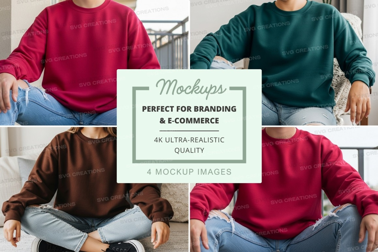 Four people wearing crew neck sweatshirts mockup