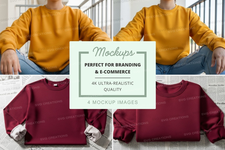 Long sleeve t-shirt mockup in yellow and burgundy
