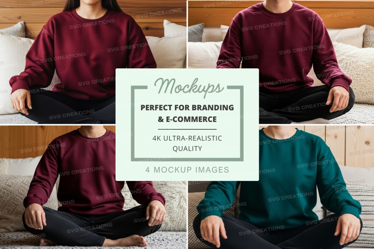 Four people wearing long-sleeve t-shirts in meditation pose