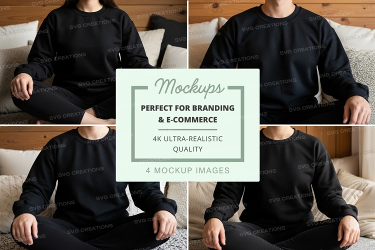 Black sweatshirt mockup with four models sitting on a bed