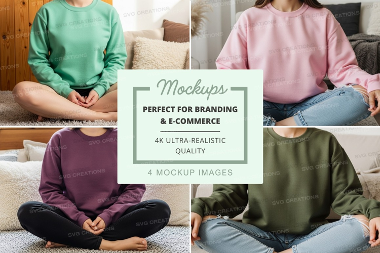 Group of four people wearing sweatshirts in a meditation pos