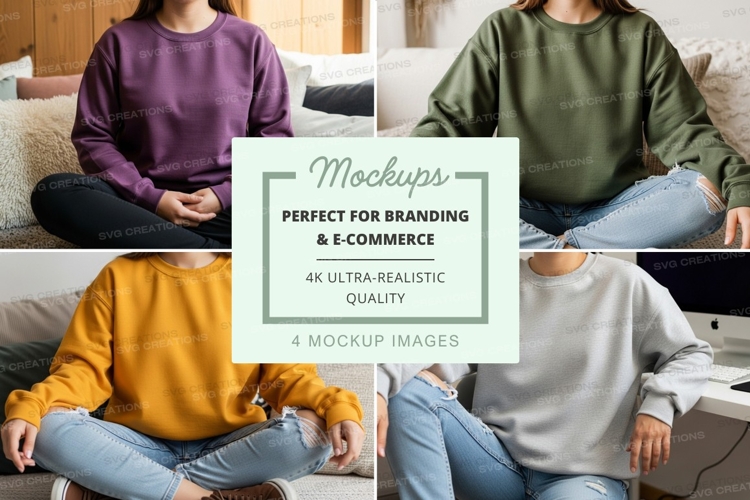 Four people wearing crew neck sweatshirts in different color