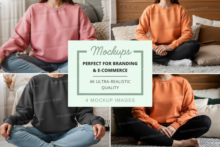 Four people wearing sweatshirts in a relaxed setting