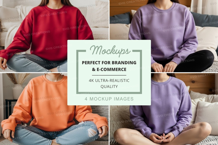 Four people wearing oversized crew neck sweatshirts mockup