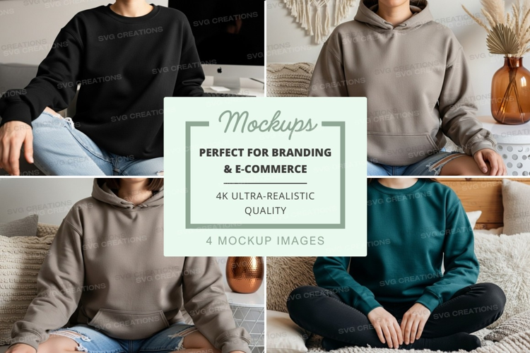 Hoodie mockup in black, beige, and teal colors