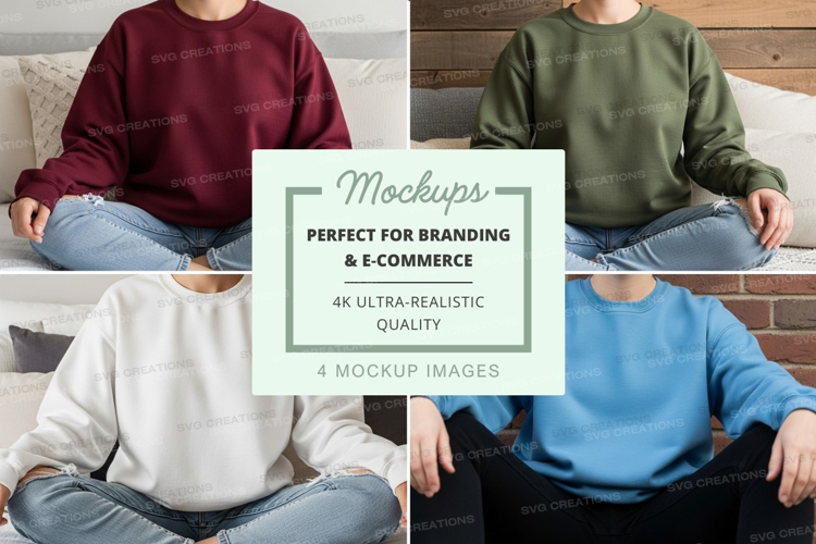 Four people wearing crew neck sweatshirts in various colors