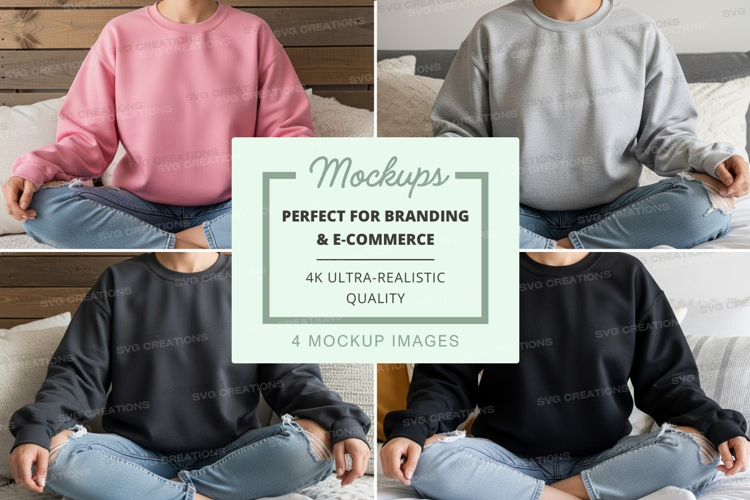 Four individuals wearing crew neck sweatshirts in various co