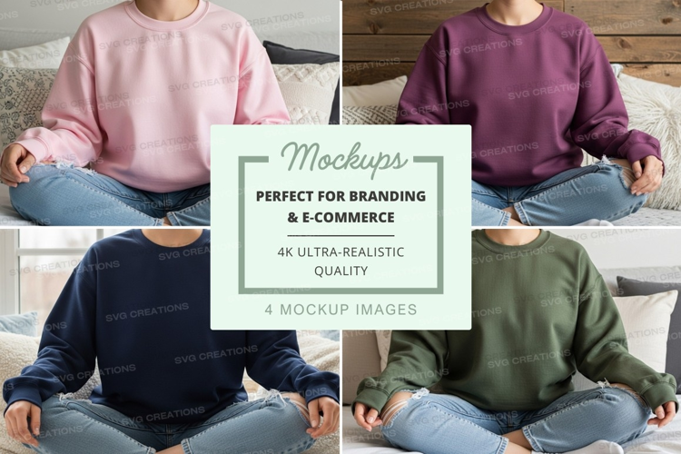 Four people wearing crew neck sweatshirts in different color