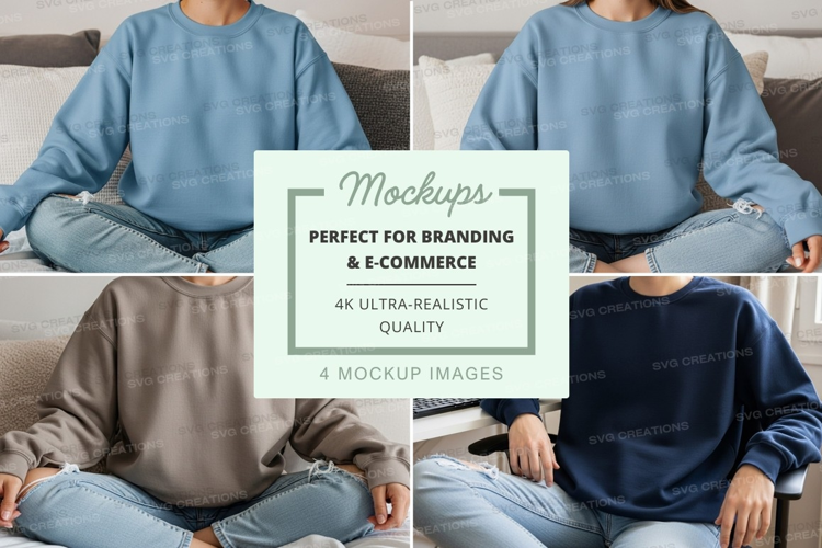 Group mockup of sweatshirts in light blue, gray, and navy bl