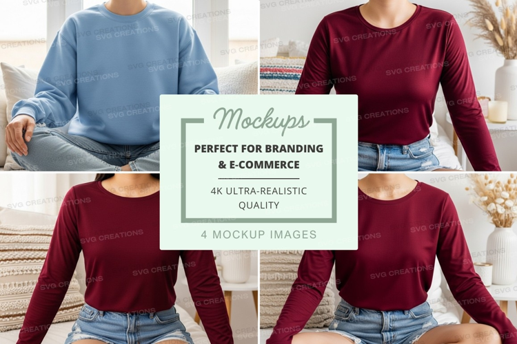 Long sleeve t-shirt mockup in light blue and burgundy