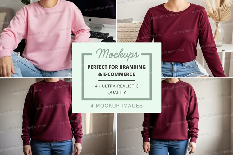 Long sleeve t-shirt mockup in pink and burgundy