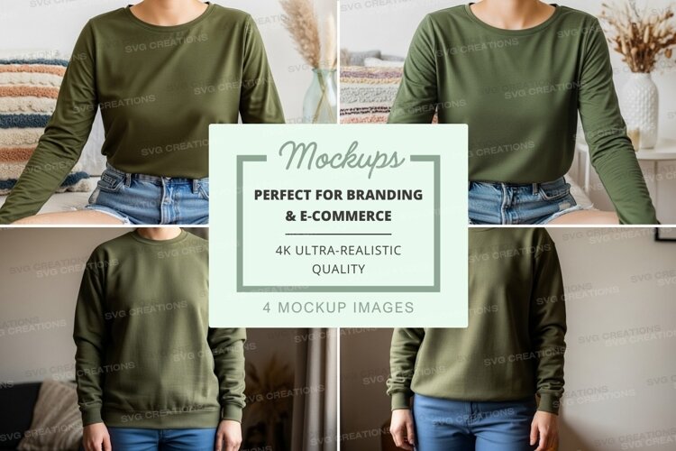 Long sleeve t-shirt mockup - olive green, front and back vie example image 1