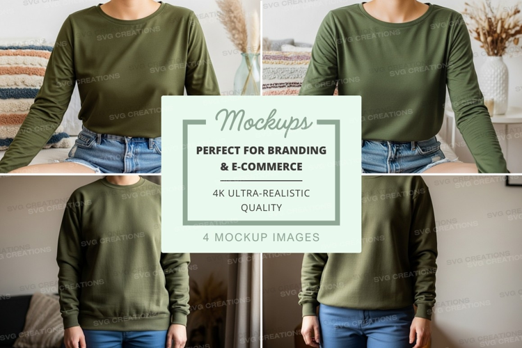 Long sleeve t-shirt mockup - olive green, front and back vie