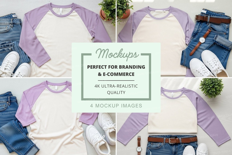Mockup of purple and white baseball tee with accessories
