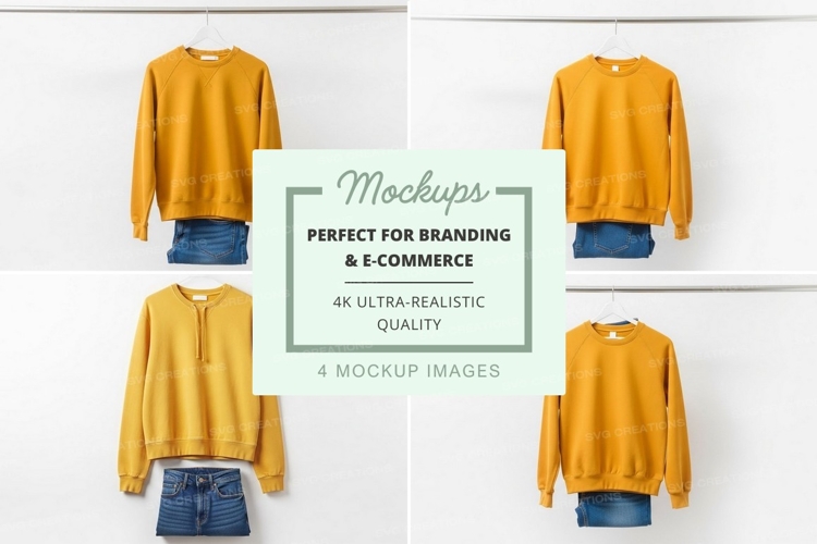 Mockup: mustard yellow sweaters with denim skirts