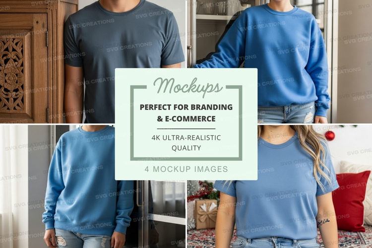 T-shirt mockup featuring multiple models wearing light blue