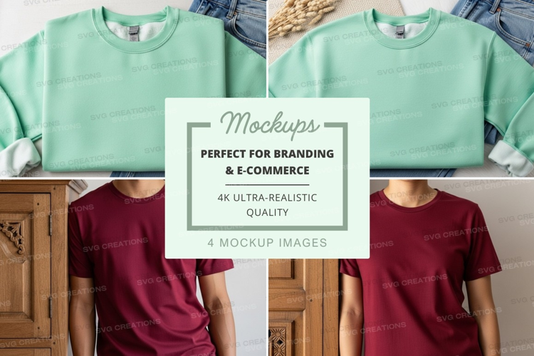 T-shirt mockup featuring light green and burgundy t-shirts