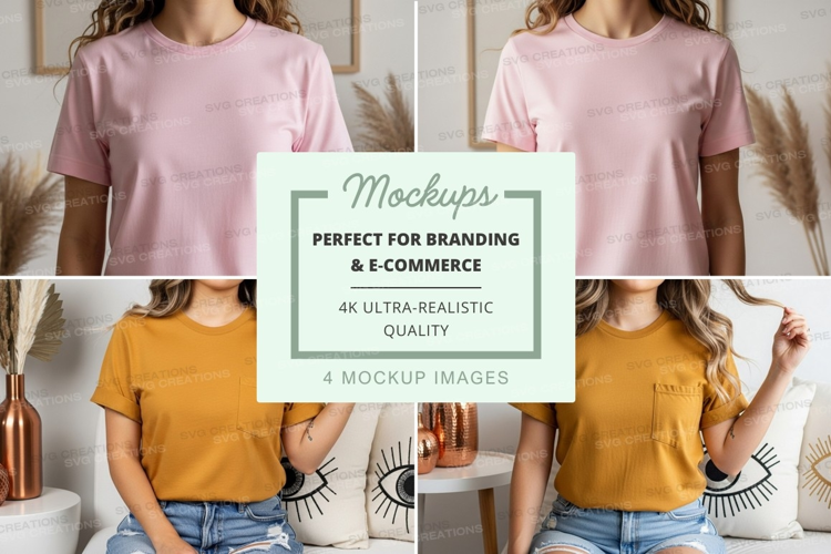 T-shirt mockup with model in pink and mustard colors
