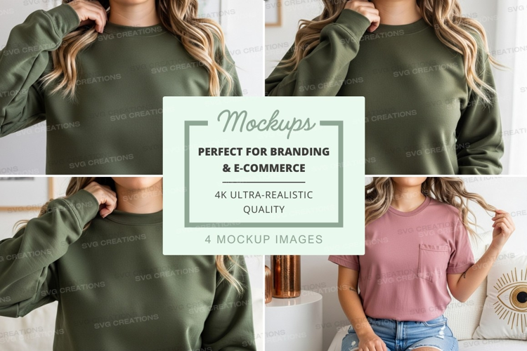 T-shirt mockup with model in olive green and pink