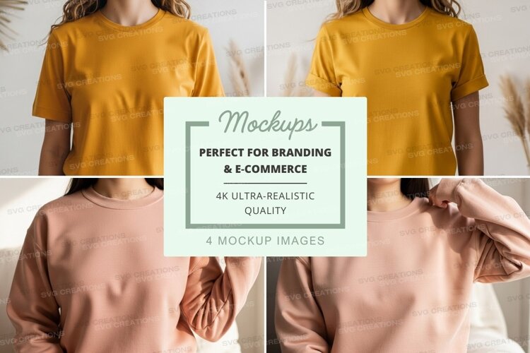 T-shirt mockup with yellow and pink crew neck t-shirts example image 1