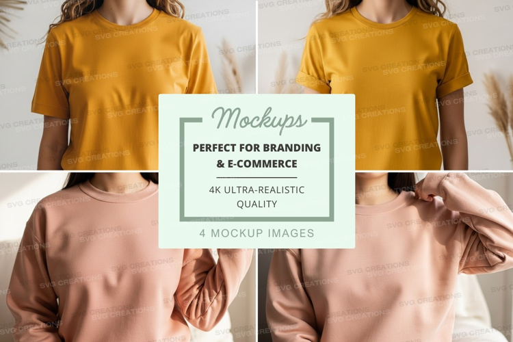 T-shirt mockup with yellow and pink crew neck t-shirts