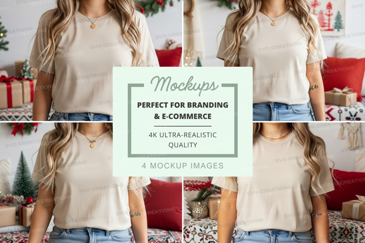 Women's light beige v-neck t-shirt mockup
