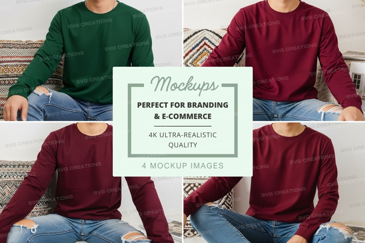 Long sleeve t-shirt mockup in green and burgundy