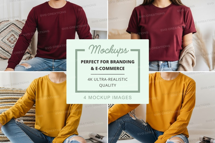 T-shirt mockup - long sleeve crew neck in burgundy and musta