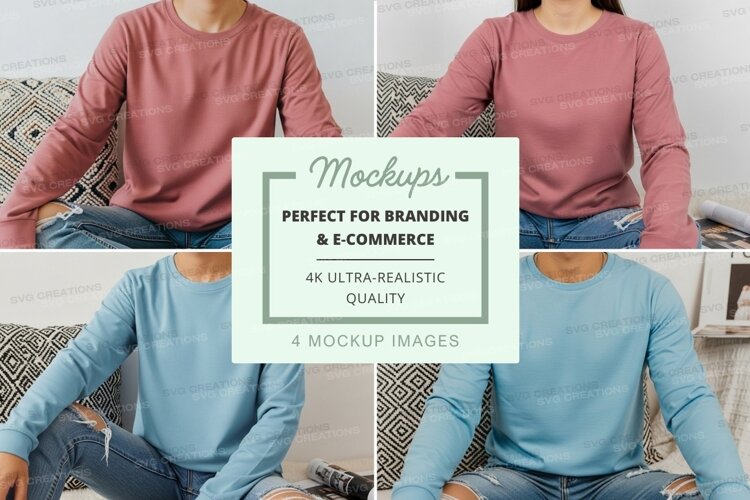 T-shirt mockup - long sleeve crew neck in pink and blue example image 1