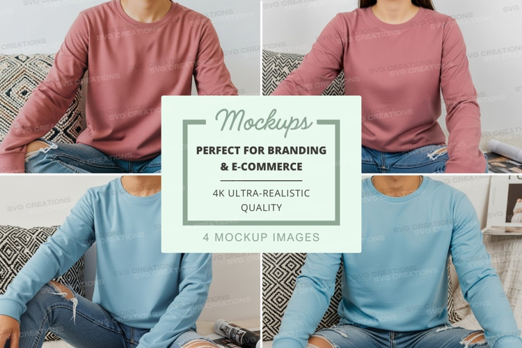 T-shirt mockup - long sleeve crew neck in pink and blue