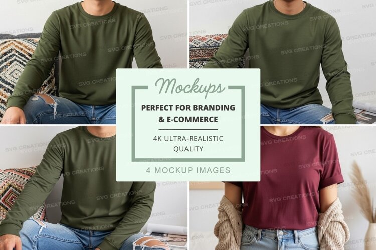 Long sleeve t-shirt mockup in green and burgundy example image 1