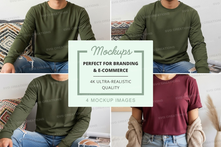 Long sleeve t-shirt mockup in green and burgundy