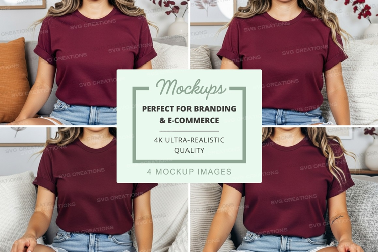 T-shirt mockup with model in burgundy tee