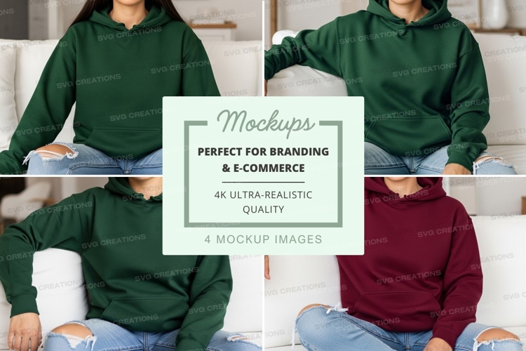Hoodie mockup with models in green and burgundy