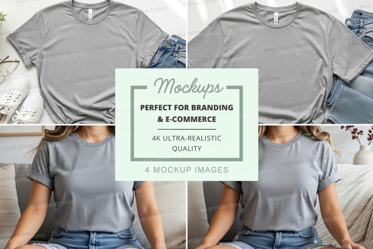Gray t-shirt mockup with models and accessories