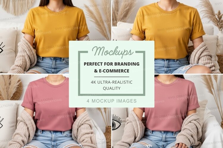 T-shirt mockup with models wearing mustard and pink t-shirts example image 1