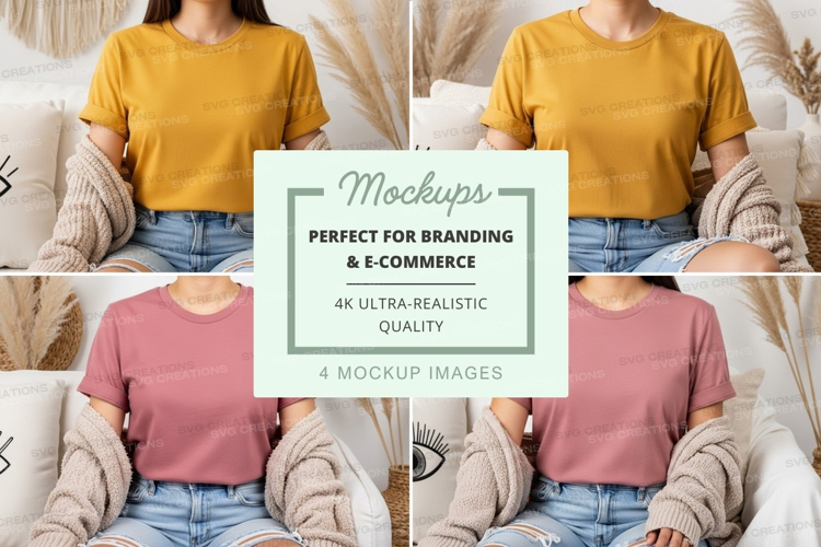 T-shirt mockup with models wearing mustard and pink t-shirts