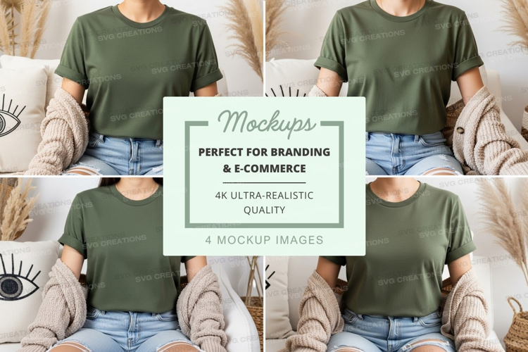 Green t-shirt mockup on sofa