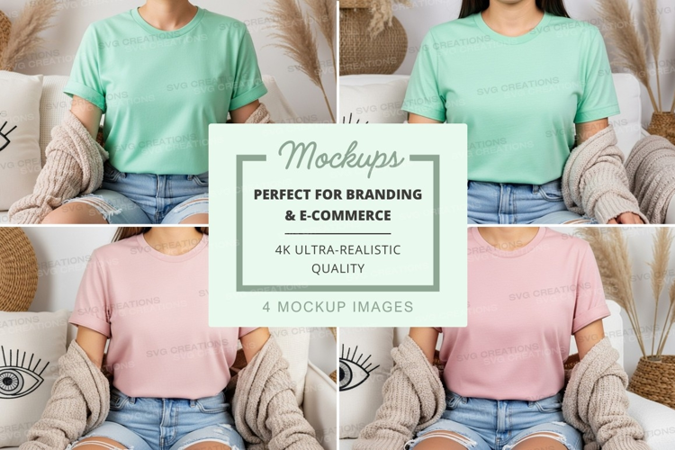 T-shirt mockup with models in light colors