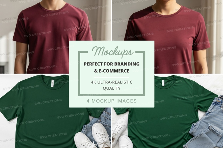 T-shirt mockup with burgundy and green t-shirts